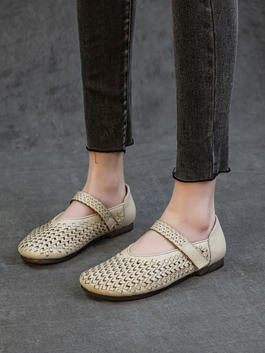 Women Summer Leather Hollow Out Low Heel Shoes