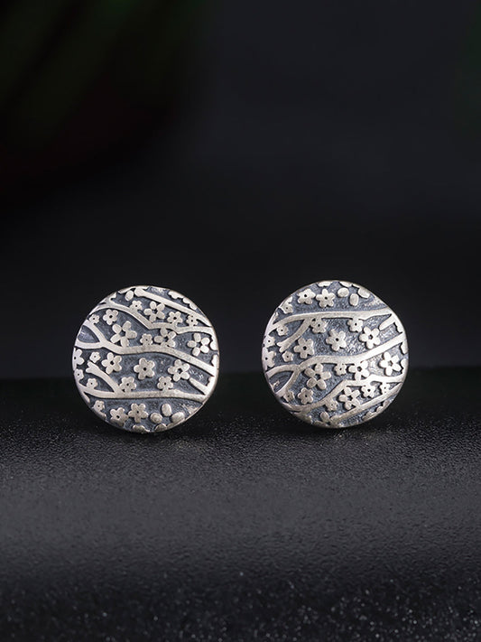 Women Vintage Silver Flower Carve Round Earrings