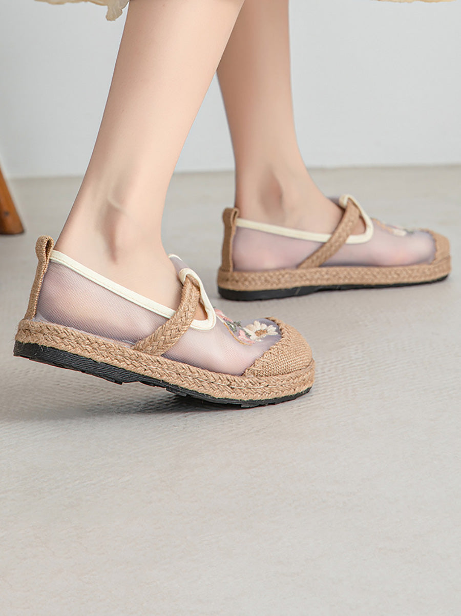 Women Summer Artsy Flower Embroidery Linen Slippers