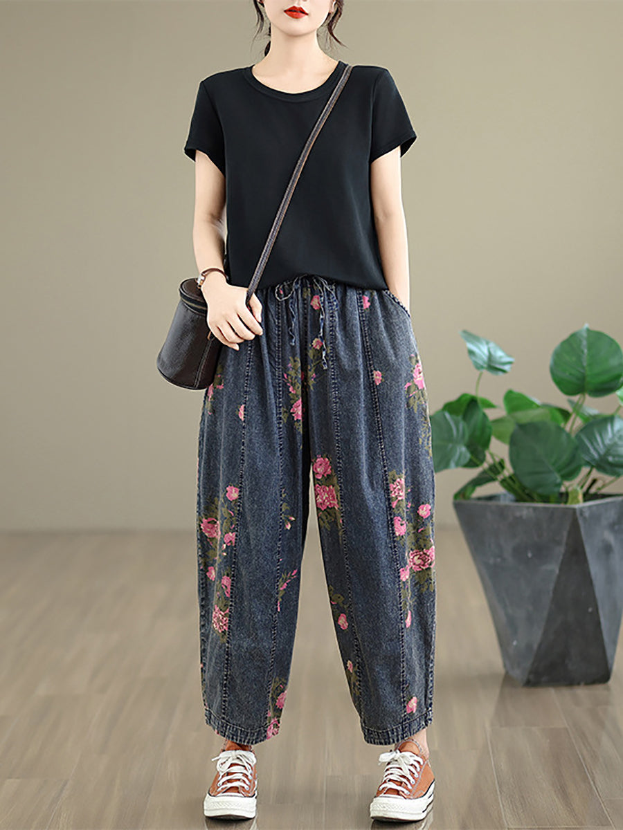 Women Casual Summer Flower Denim Harem Pants
