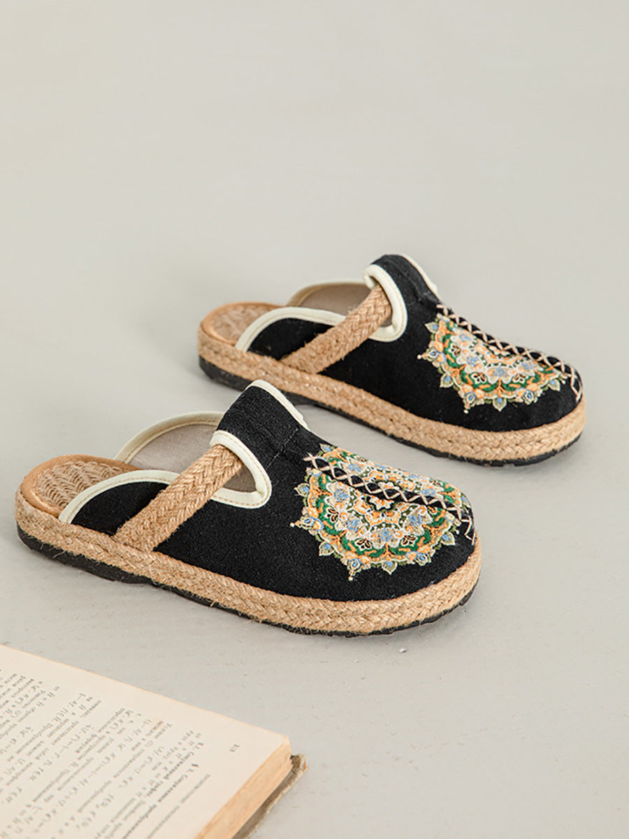 Women Summer Flower Embroidery Linen Slippers
