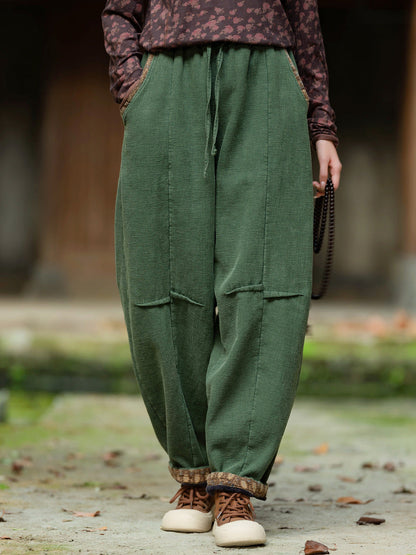 Plus Size Women Winter Retro Solid Spliced Padded Harem Pants