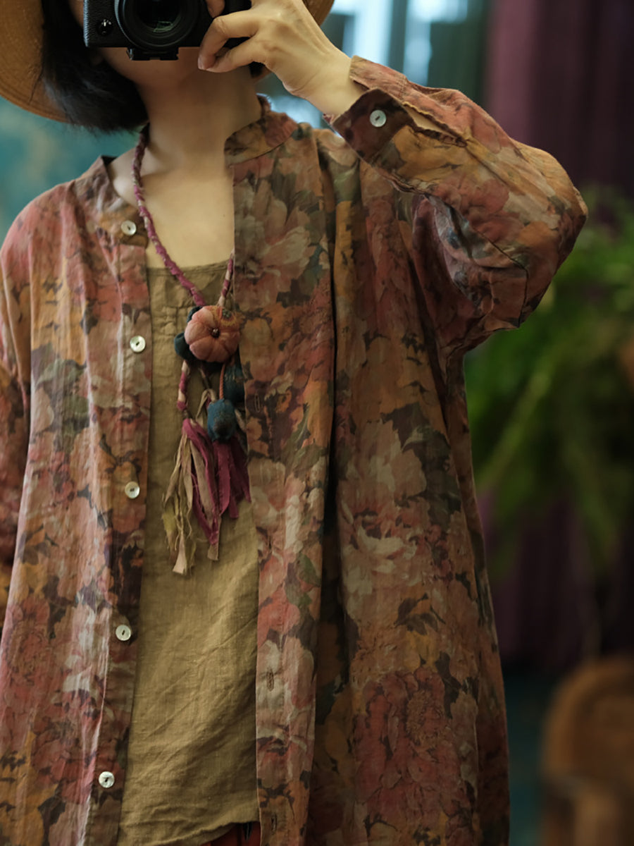 Women Vintage Floral Retro Ramie Button-up Long Shirt