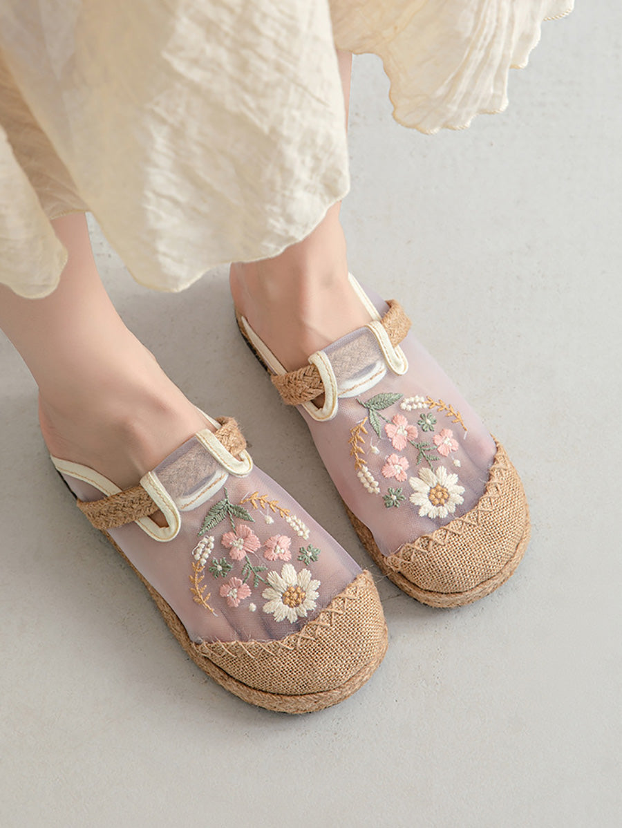 Women Summer Artsy Flower Embroidery Linen Slippers