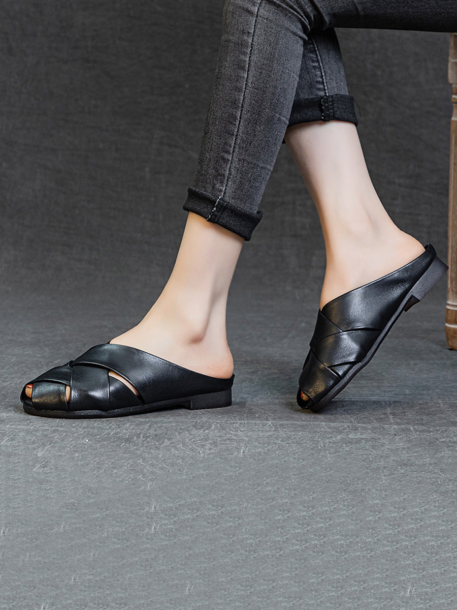 Women Summer Soft Leather Low Heel Weave Slippers
