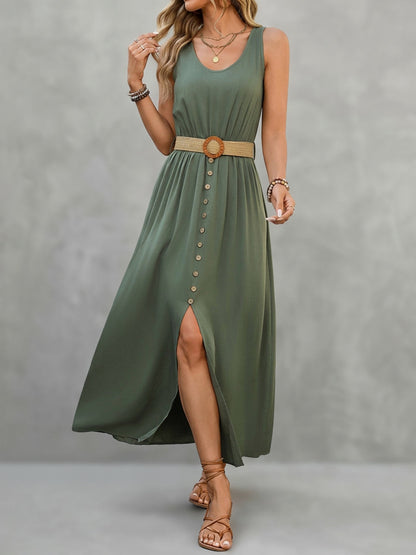 High Waisted Sleeveless Belt Buckle Buttoned Pleated Solid Color V-Neck Maxi Dresses
