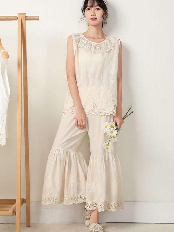 Vintage Loose Embroidered High Waisted Wide Leg Flared Pants