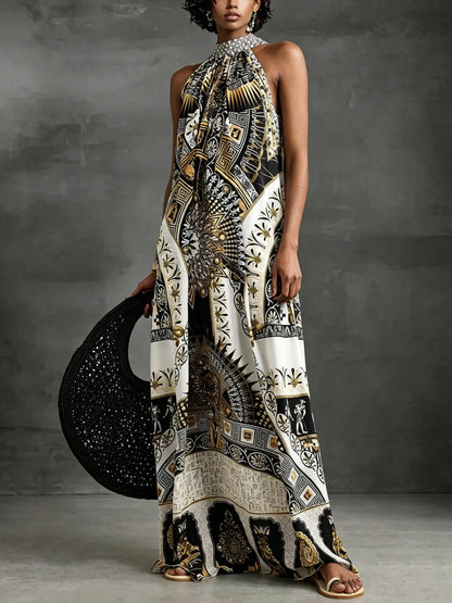 A-Line Loose Contrast Color Printed Zipper Halter-Neck Maxi Dresses