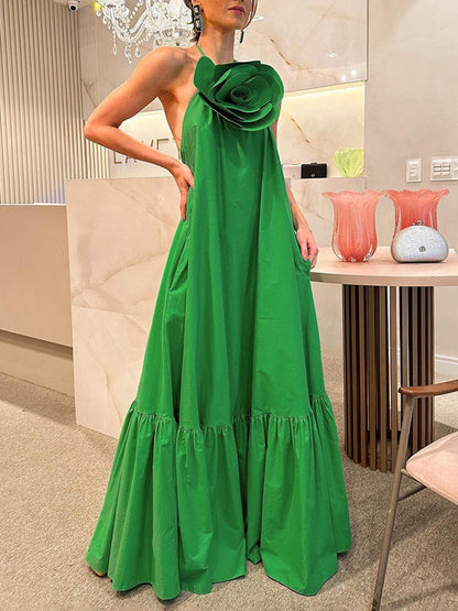Three-Dimensional Flower Solid Color Pockets Pleated Backless Sleeveless Loose Halter-Neck Maxi Dresses