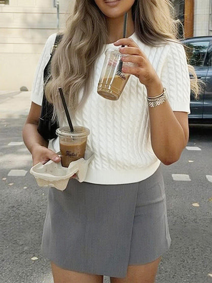 Short Sleeves Solid Color Split-Joint Round-neck Pullovers Sweater Tops