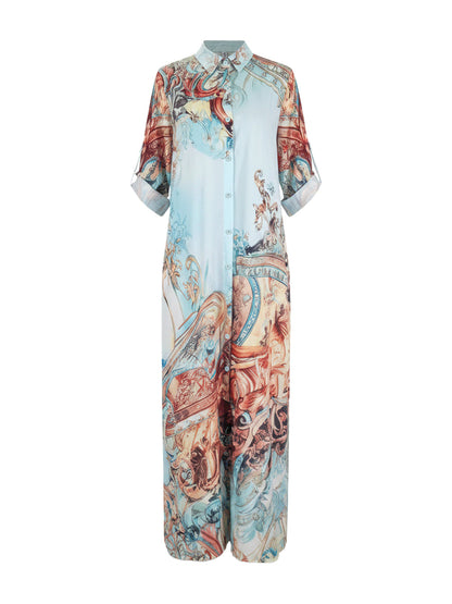 Long Sleeves Loose Buttoned Contrast Color Pockets Printed Lapel Maxi Dresses Shirt Dress