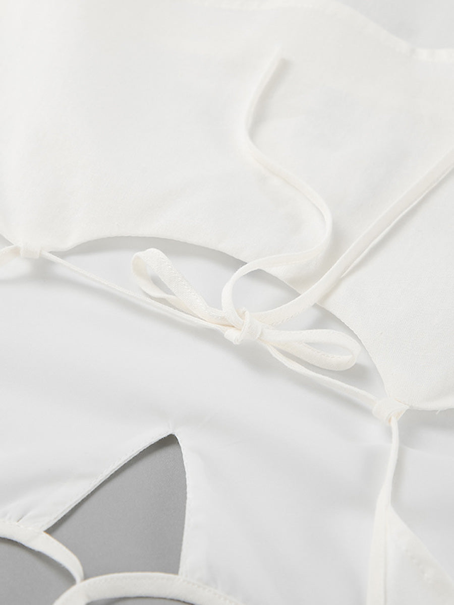 High Waisted Loose Backless Hollow Pockets Solid Color Split-Joint Halter-Neck Blouses&Shirts Tops Pants Trousers Two Pieces Set