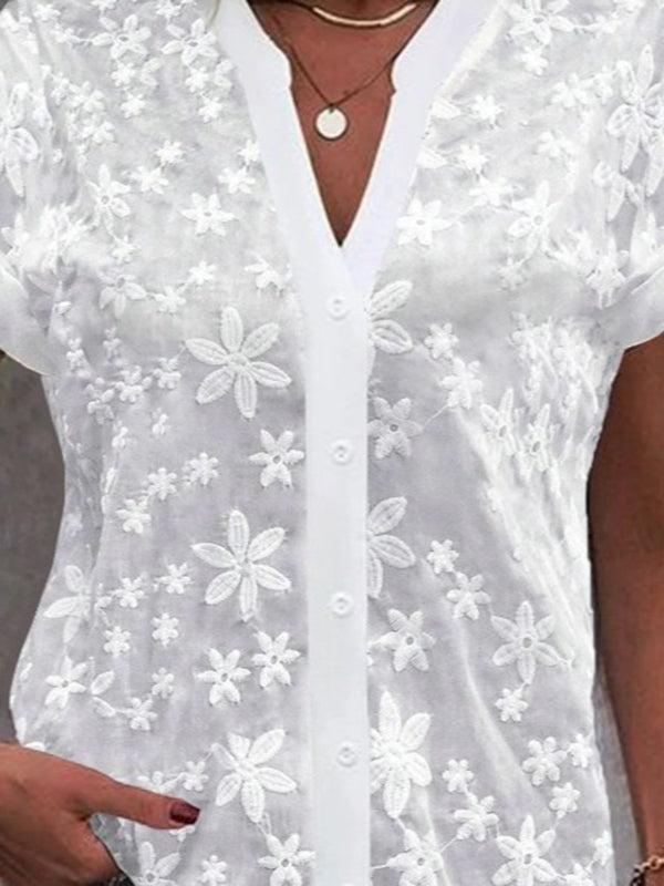 Loose Raglan Sleeve Embroidered See-Through Solid Color Split-Joint Stand Collar Blouses&Shirts Tops