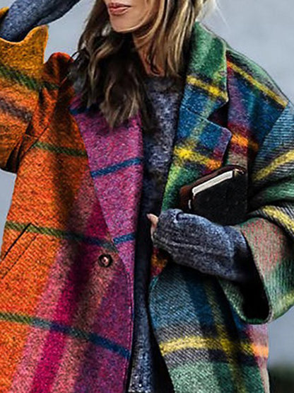 Long Sleeves Loose Plaid Split-Joint Lapel Outerwear Woolen Coat