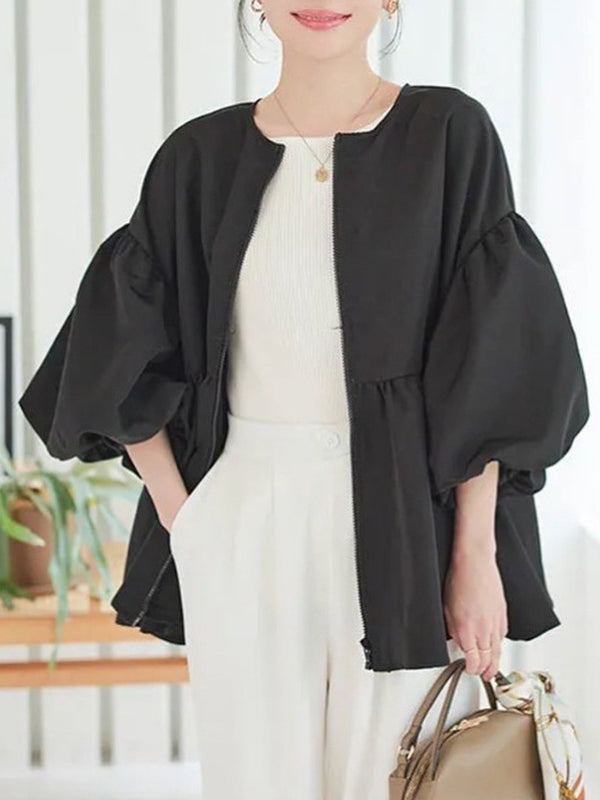 Long Sleeves Loose Elasticity Pleated Solid Color Split-Joint Zipper Round-Neck Outerwear