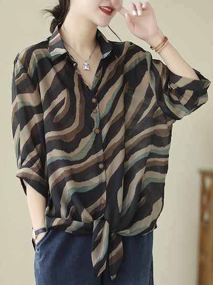 Long Sleeves Loose Buttoned Tied Zebra-Stripe Lapel Blouses&Shirts Tops