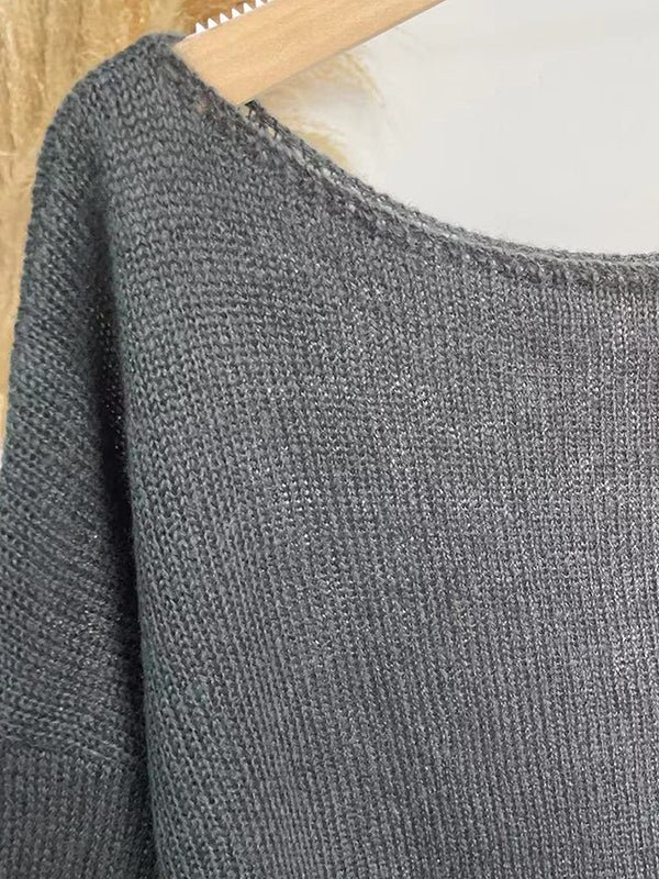Long Sleeves Loose See-Through Solid Color Split-Joint Round-Neck Sweater Tops