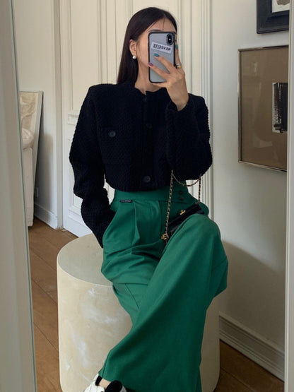 Long Sleeves Buttoned Pockets Solid Color Round-Neck Cardigan Tops