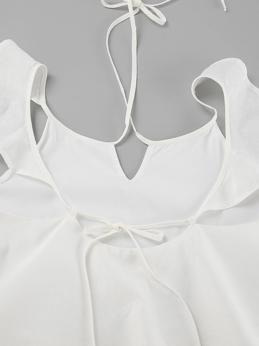 High Waisted Loose Backless Hollow Pockets Solid Color Split-Joint Halter-Neck Blouses&Shirts Tops Pants Trousers Two Pieces Set