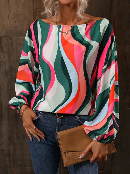 Long Sleeves Loose Asymmetric Printed One-Shoulder Blouses&Shirts Tops