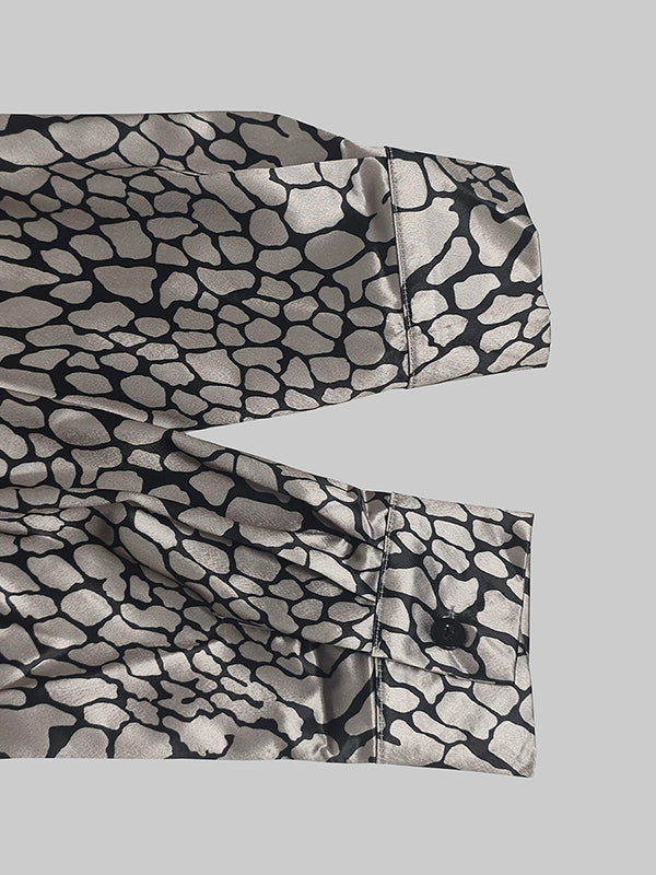 Long Sleeves Loose Buttoned Contrast Color Snakeskin Printed Lapel Blouses&Shirts Tops