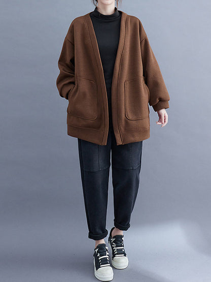 Long Sleeves Loose Pockets Solid Color Collarless Outerwear