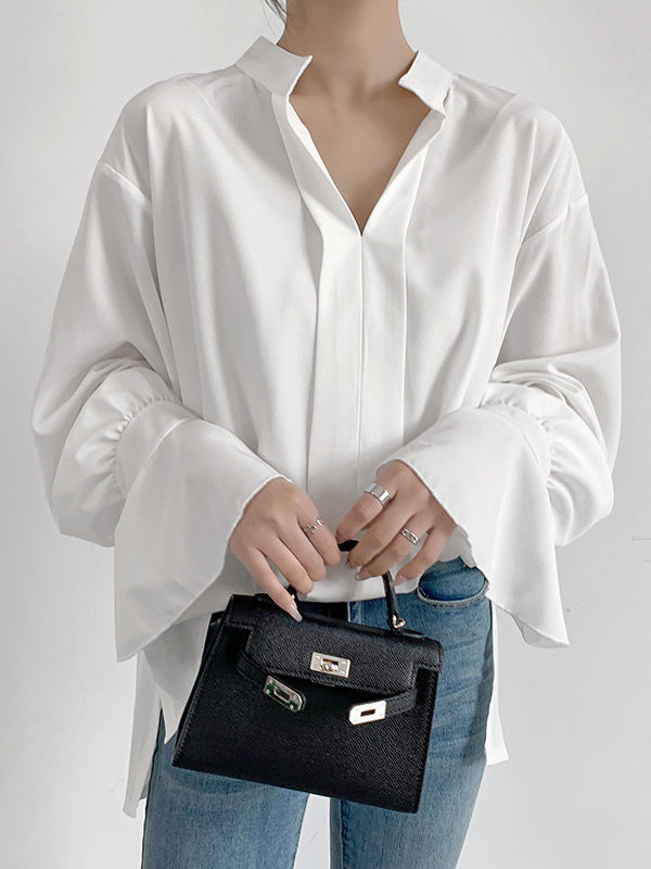 Flared Sleeves High-Low Buttoned Solid Color Split-Side V-Neck Blouses&Shirts Tops