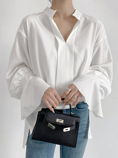 Flared Sleeves High-Low Buttoned Solid Color Split-Side V-Neck Blouses&Shirts Tops