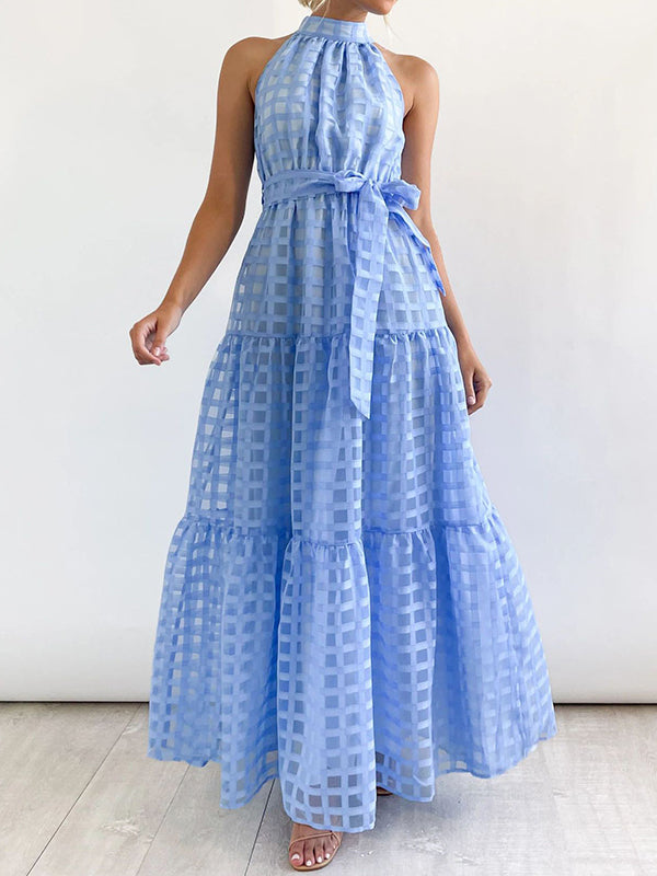 Loose Sleeveless Plaid Ribbed Stand Collar Maxi Dresses