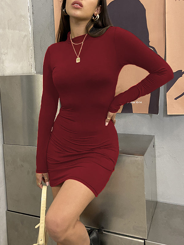 Bodycon Long Sleeves Solid Color Mock Neck Mini Dresses