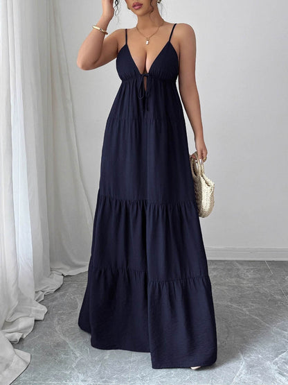 A-Line Sleeveless Backless Drawstring Pleated Solid Color Spaghetti-Neck Maxi Dresses