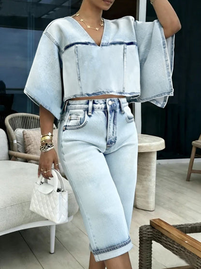 High Waisted Buttoned Contrast Color Pockets Split-Joint Denim Shorts