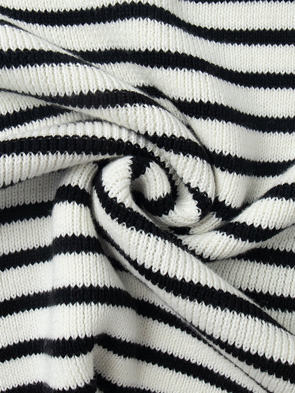 Long Sleeves Loose Split-Joint Striped Lapel Sweater Tops