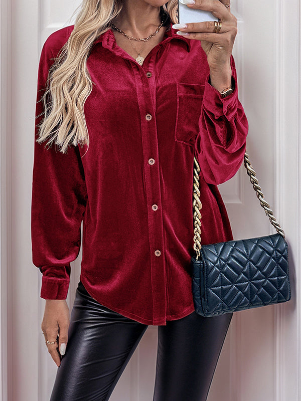 Long Sleeves Loose Buttoned Pockets Solid Color Split-Joint Velvet Lapel Blouses&Shirts Tops