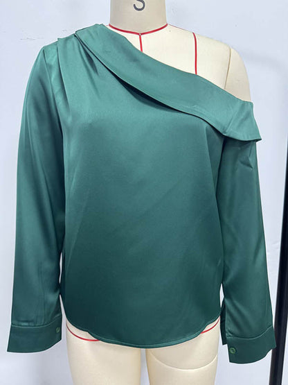 Long Sleeves Skinny Pleated Solid Color Split-Joint One-Shoulder Blouses&Shirts Tops