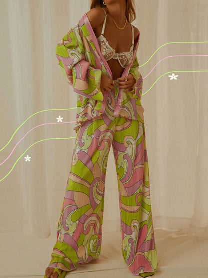 Long Sleeves Loose Buttoned Print Pleated Lapel Shirts Top + Elasticity Pants Bottom Two Pieces Set