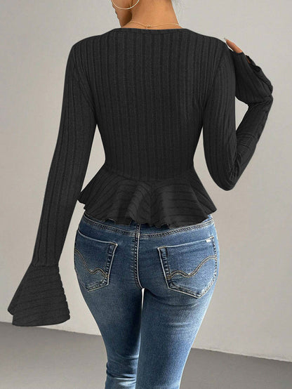 Flared Sleeves Long Sleeves Buttoned Ruffled Solid Color Split-Joint Deep V-Neck T-Shirts Tops