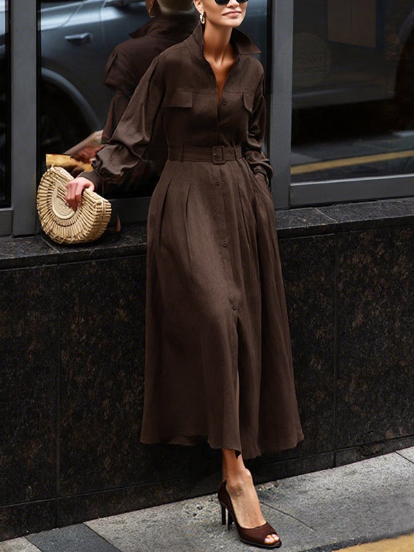 Loose Puff Sleeves Pleated Solid Color Split-Joint Lapel Maxi Dresses Shirt Dress