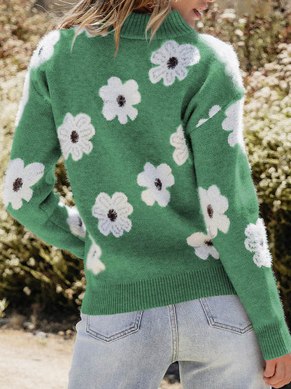 Long Sleeves Loose Knitted Flower Zipper Stand Collar Pullovers Sweater Tops
