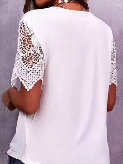Loose Plus Size Hollow Solid Color Split-Joint V-Neck T-Shirts Tops