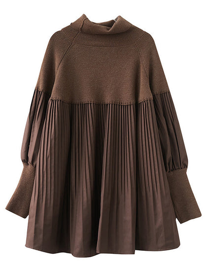 Knitting Pleats Split-Joint High-Neck Pullover Top