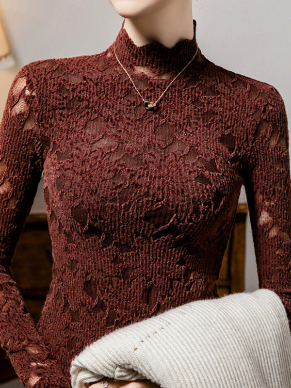 Long Sleeves Plus Size Crochet Hollow Solid Color Mock Neck T-Shirts Tops