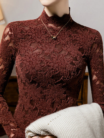 Long Sleeves Plus Size Crochet Hollow Solid Color Mock Neck T-Shirts Tops