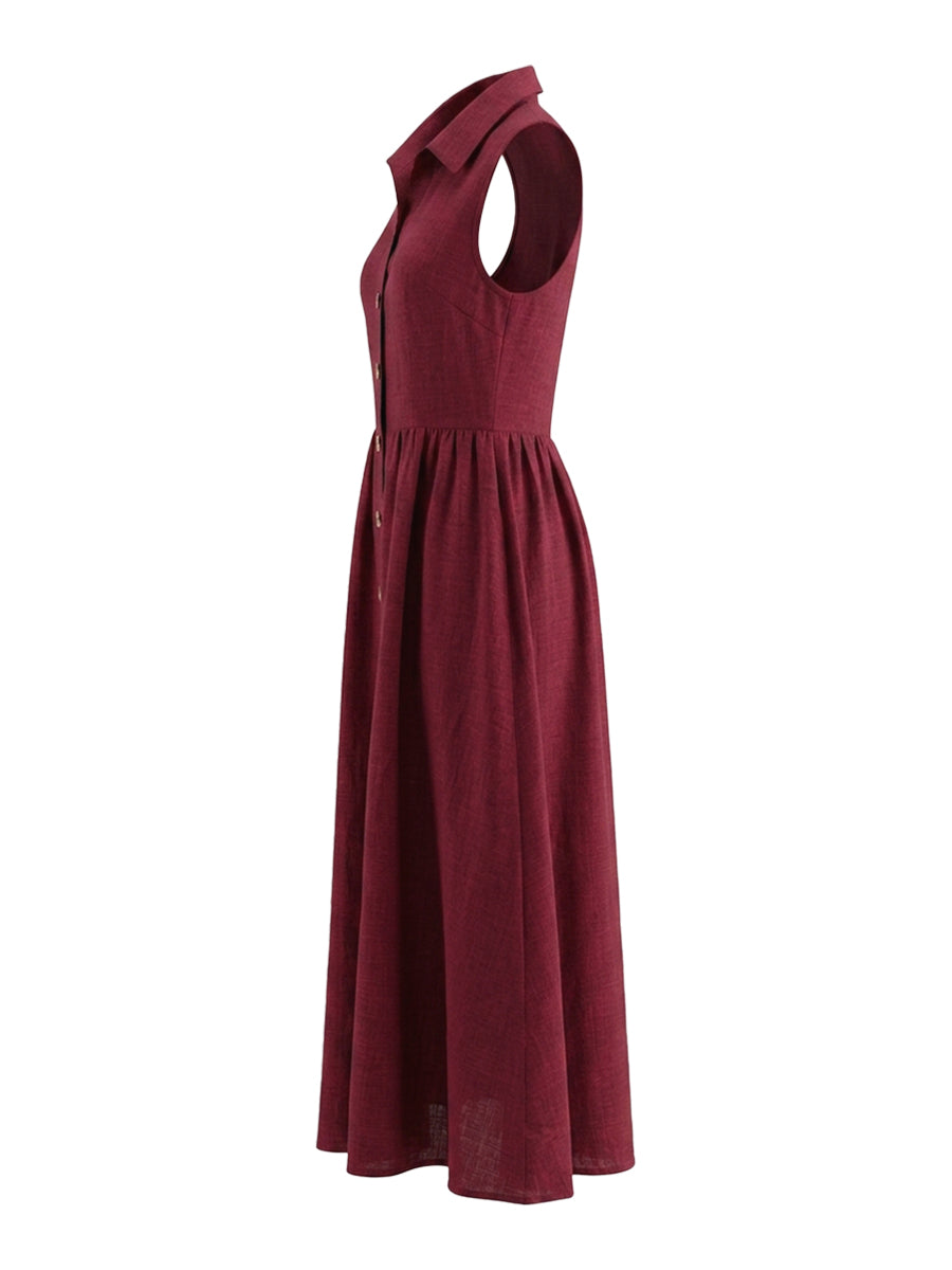 High Waisted Loose Buttoned Pleated Solid Color Lapel Maxi Dresses