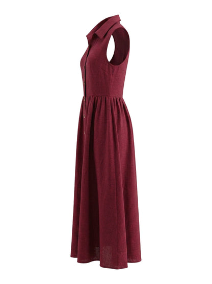 High Waisted Loose Buttoned Pleated Solid Color Lapel Maxi Dresses
