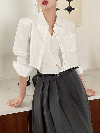 Lapel False Two Buttoned Pockets Solid Color Inner Shirts   Outerwear Blouses&Shirts Tops