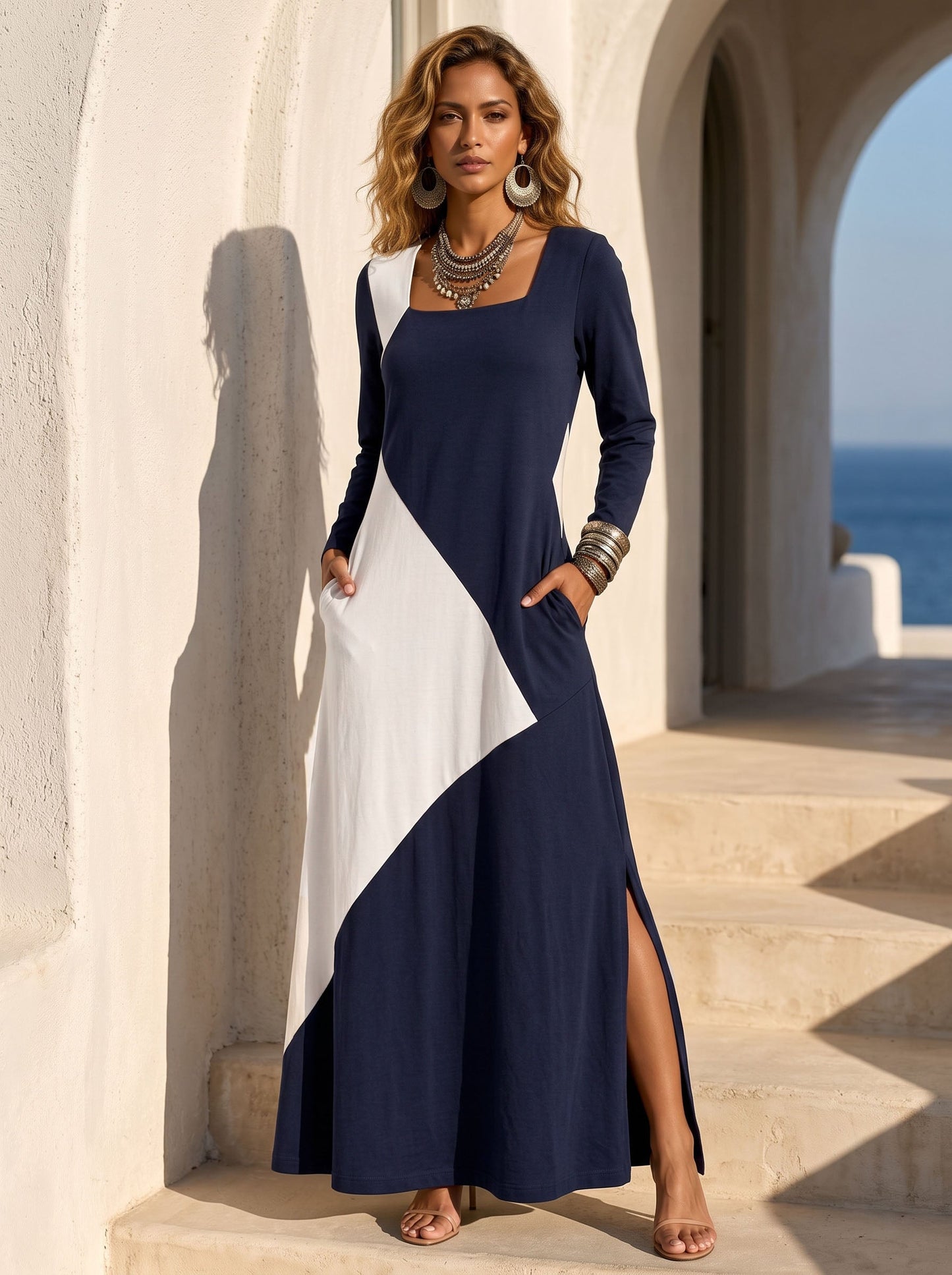 Split-side Pockets Contrast Color Loose Long Sleeves Square-neck Maxi Dresses