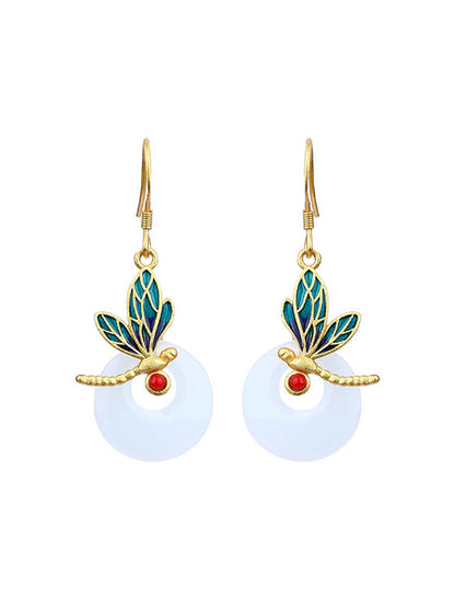 Women Vintage Dragonfly Enamel Round Jade Earrings
