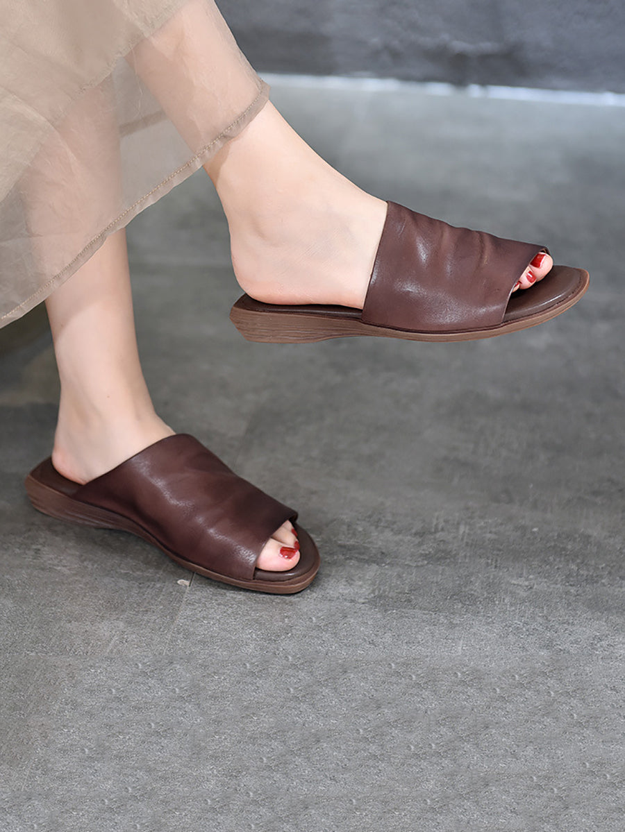 Women Summer Solid Soft Leather Flat Sandals