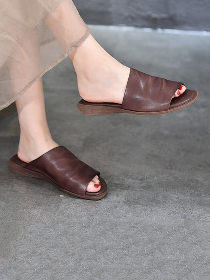 Women Summer Solid Soft Leather Flat Sandals
